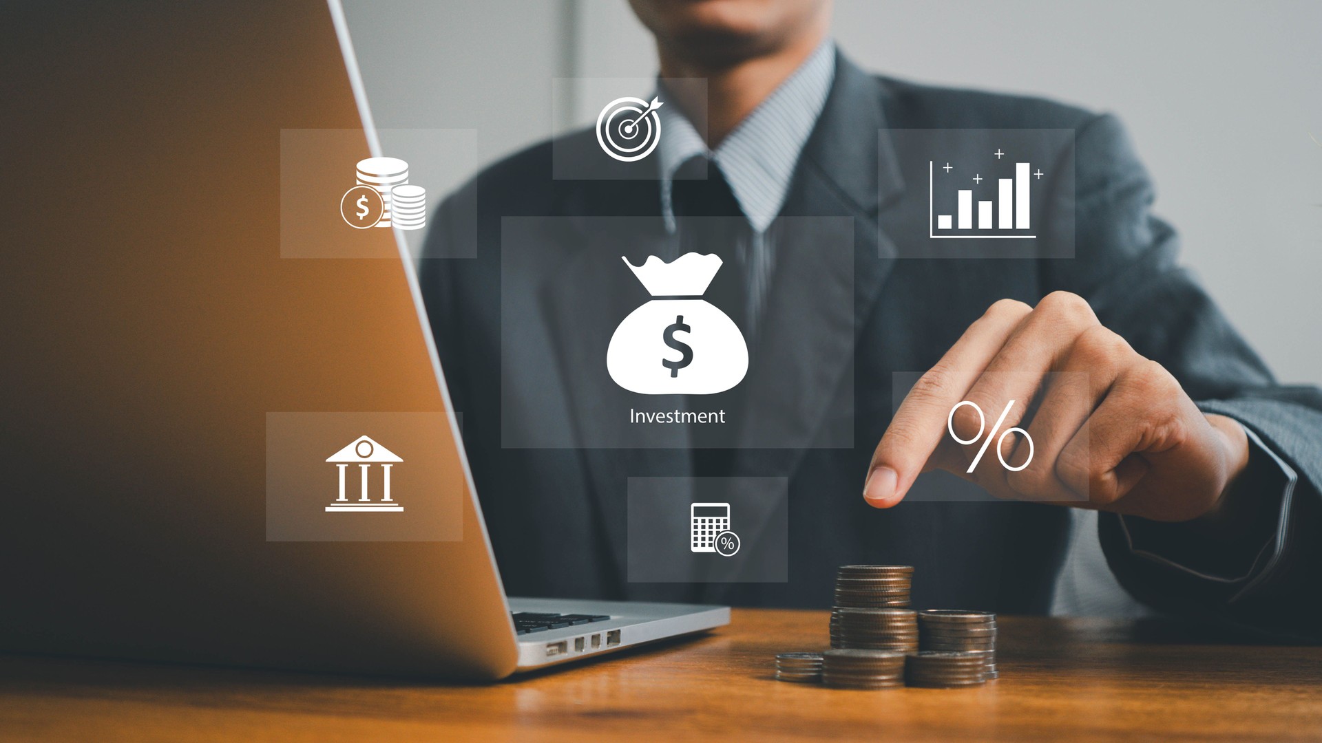 finance and investment concept, invest money, fundraising, ROI return on investment, Interest rate and dividend concept, Businessman is calculating income and return on investment in percentage.